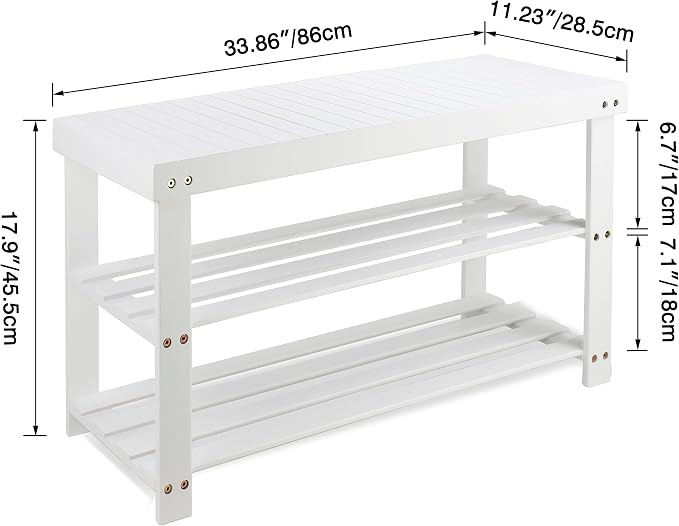 SMIBUY Bamboo Shoe Rack Bench, 3-Tier Shoe Organizer Storage Shelf for Entryway Hallway Bathroom Living Room (White) - Image 3