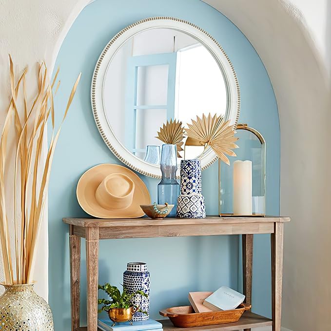 sawsile Round Wood Mirror,28 inch Circle Rustic Farmhouse White Wooden Frame Boho Beads Wall Mirror for Bathroom,Living Room,Bedroom or Entryway - Image 7