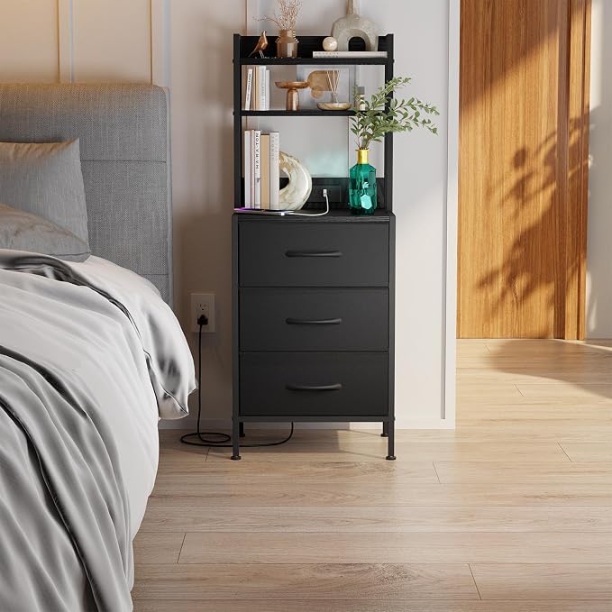 Fixwal 41 Inch Tall Nightstand with Charging Station, 3 Fabric Storage Drawers and Shelves, Led Night Stand with U-S-B Port & Socket, Bedroom Dorm Office, Bedside Table & Bookshelf in One, Black - Image 8