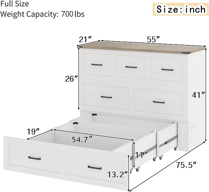 Bellemave Full Size Murphy Bed, Cabinet Bed with Charging Station and 1 Large Storage Drawer, Farmhouse Murphy Cabinet with Foldable Panel, Noisy Free, for Guest Bedroom, Living Room, White