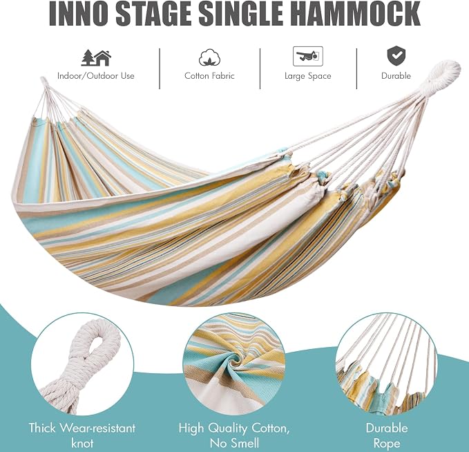 Brazilian Hammock with Tree Straps - Cotton Hammocks Portable Hammock with Carry Bag for Backyard, Porch, Outdoor and Indoor Use Yellow & Green - Image 6