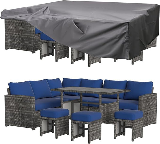 U-MAX 7 Pieces Patio Furniture Set with Waterproof Cover, Outdoor Sectional Sofa Conversation Set, All Weather Wicker Rattan Dining Table & Chair with Ottoman, Grey Rattan&Dark Blue Cushion