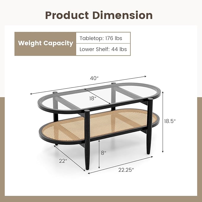Tangkula Rattan Coffee Table, 40”L Boho Oval Acacia Wood Cocktail Table with Tempered Glass Tabletop & PE Rattan Storage Shelf, 2-Tier Tea Center Table for Living Room Office Reception (Boho, Black)