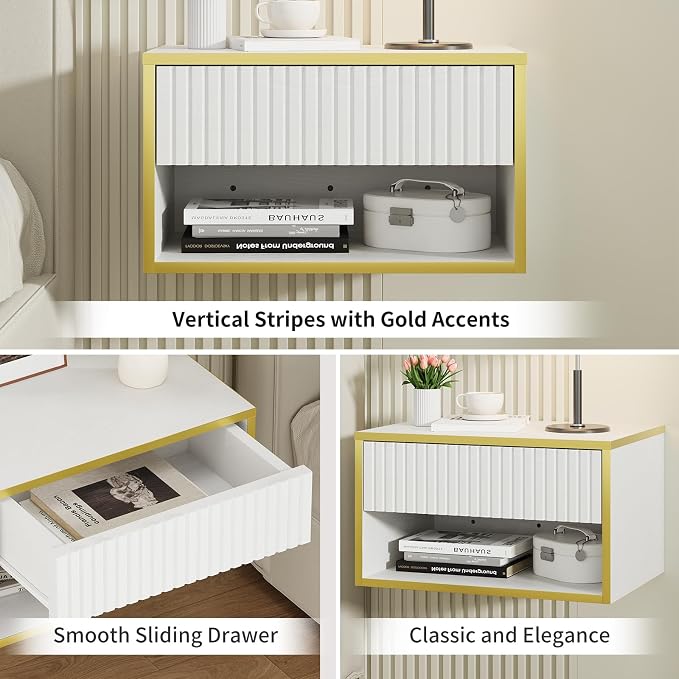 4ever2buy Floating Nightstand, Modern Night Stand with Drawer, Small Bedside Table End Table with Open Shelf Cubby, Wall Mounted Nightstand for Bedroom, White and Gold - Image 6