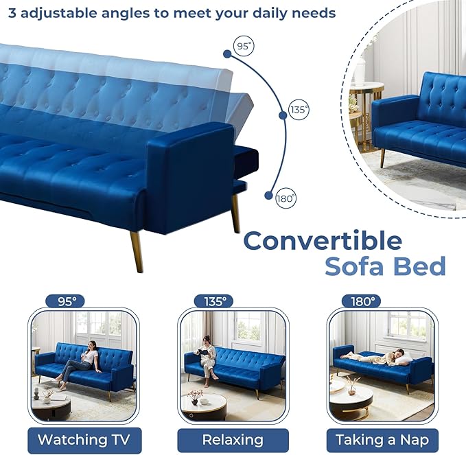 Rovibek Futon Sofa Bed, Convertible Futon Couch, Modern Futons Bed with Adjustable Backrest, Metal Legs, Living Room Apartment Office Fouton, Blue