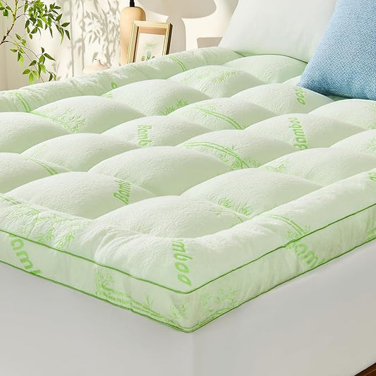 Memory Foam Mattress Topper - Viscose Made from Bamboo Pillow Top Thick King Size Mattress Pad for Back Pain, Ultra Soft & Cooling for Hot Sleepers, 6-18'' Deep Pocket, Green