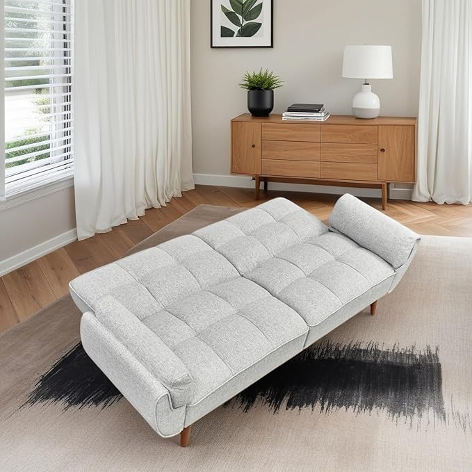 Convertible Futon Sofa Bed, Modern Futon Couch with 2 Pillows, Small Futons Couch with Adjustable Armrest & Backrest, Loveseat Sofa Bed for Living Room, Bedroom, Gray