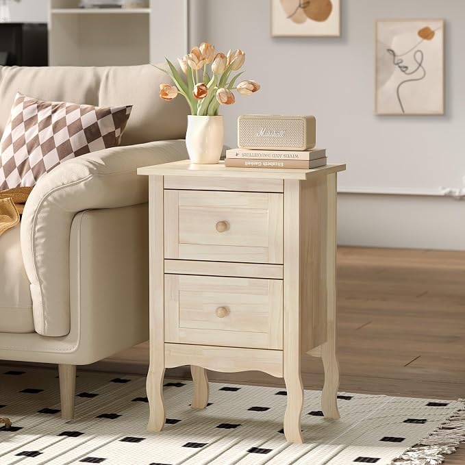 VINGLI Unfinished Solid Wood Nightstand for Color DIY, Small Nightstand for Bedroom, Natural Wood Night Stand with Drawers, Light Wood Night Stand, Real Wooden Bed Side Table/End Table - Image 7