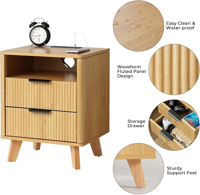 HOMMPA 18'' Fluted Nightstand with Charging Station, Modern Bedside Table, 2 Drawer Bed Side End Table with Open Compartment & 4 Support Legs, Wood Night Stand for Bedroom, Curved Profile Design - Image 3