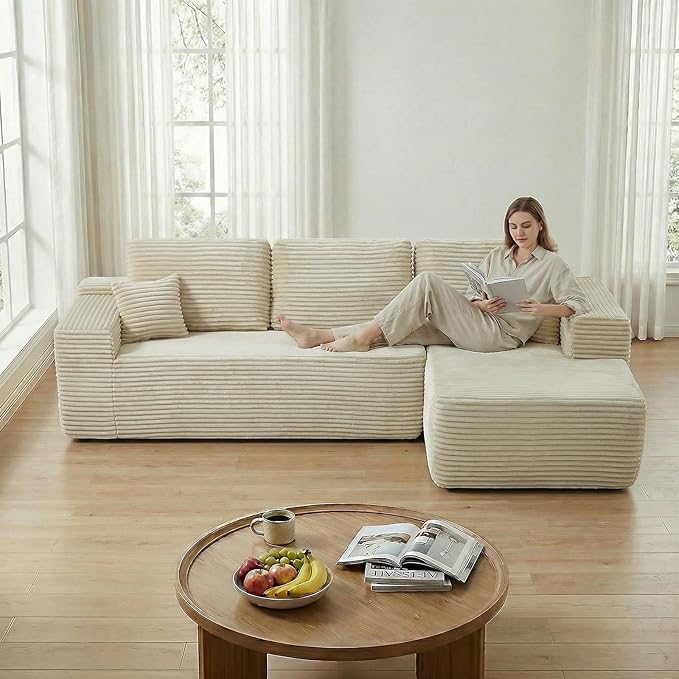 104 inch Boneless L-Shaped Sectional Sofa with Throw Pillow & Side Pockets- No Assembly Compressed Modular Couch, Memory Foam, Deep Seat for Living Room, Bedroom, Apartment White Right
