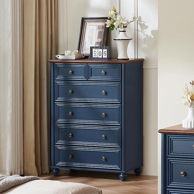 RWYHG Farmhouse 6 Drawer Dresser, Blue Chest of Drawers, 43.5" Tall Dressers for Bedroom with Roman Column and Metal Handles, Rustic Wood Storage Organizer for Living Room, Hallway, Closet by RWYHG