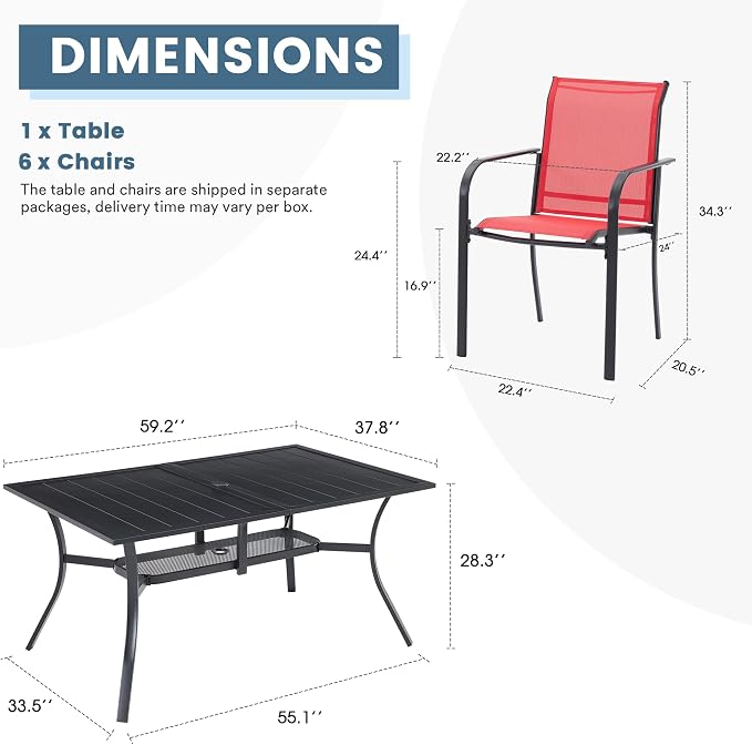 DIFY 7 Pieces Patio Dining Set for 6, Patio Furniture Includes Red Stackable Sling Outdoor Chairs and 59.2" Rectangle Metal Black Table - Image 7