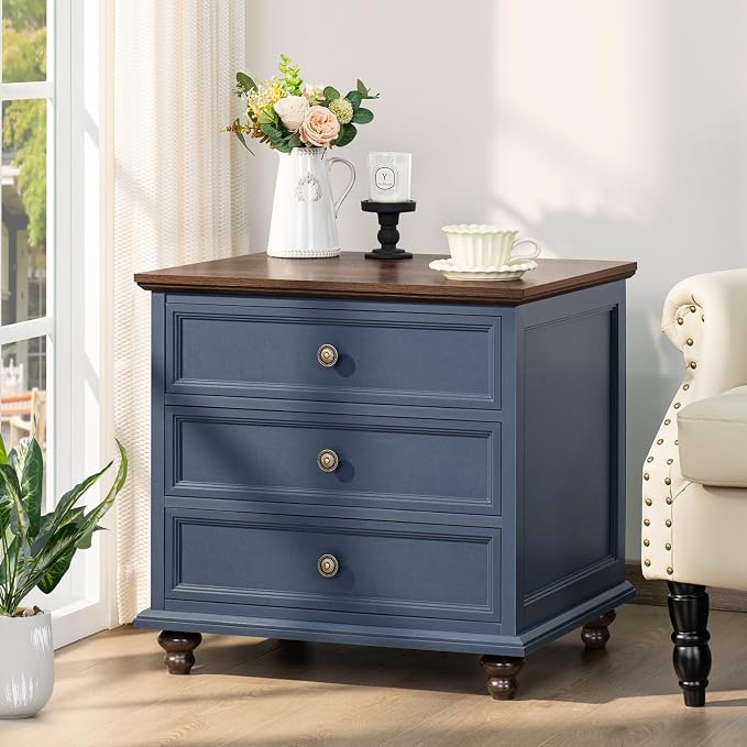 Joaxswe 24" Wide Farmhouse Night Stand Set of 2,Large End Table with 3 Drawers & Metal Handle,Blue Dresser for Bedroom,Bed Side Table Chest of Drawers Cabinet,Wood Nightstand for Living Room,Closet - Image 6
