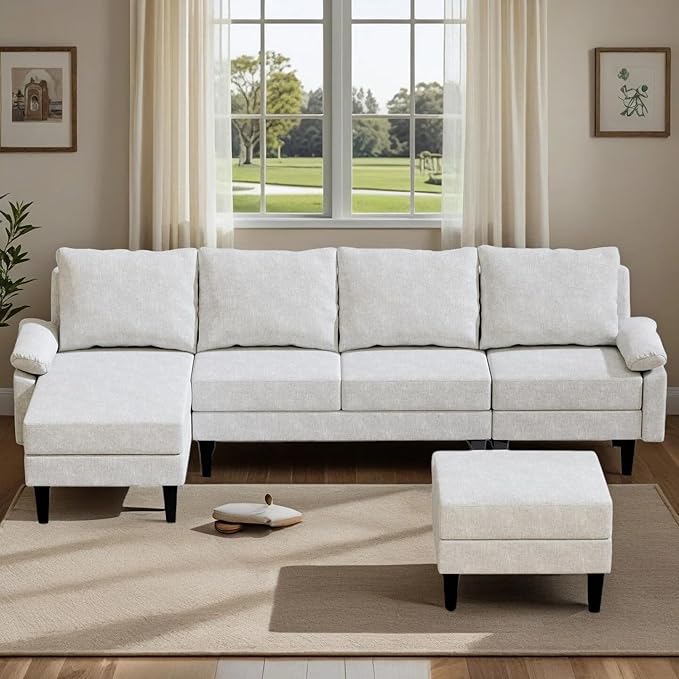 4-Seat U-Shaped Modular Sofa with Double Storage Ottoman - Space-Saving Convertible Lounge Couch for Home & Office, White