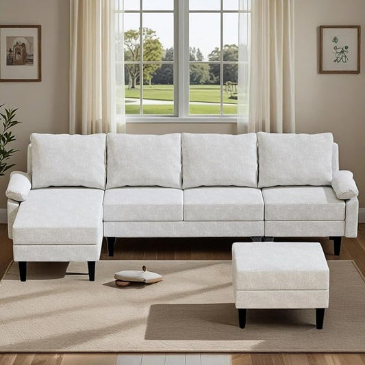 4-Seat U-Shaped Modular Sofa with Double Storage Ottoman - Space-Saving Convertible Lounge Couch for Home & Office, White