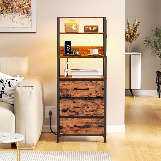Furnulem Night Stand Set 2, LED nightstand Set of 2 with Charging Station, Bedside Table with Storage Shelf and 3 Fabric Drawers, Bed Side Table for Bedroom, Home Office, Dorm - Image 8