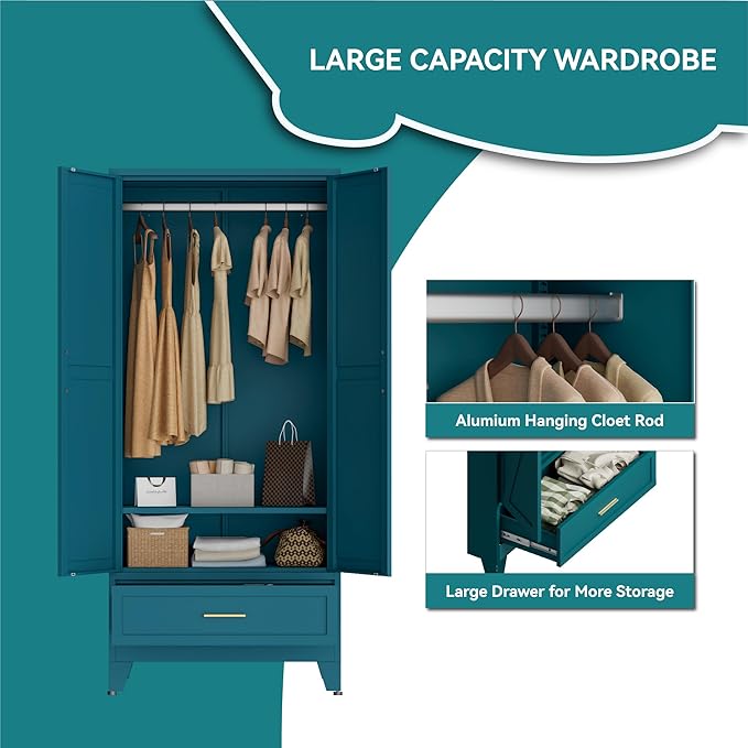 Blue Metal Wardrobe Closet for Bedroom, 71" Freestanding Armoire Wardrobe with Drawer and Shelf, Hanging Rod Clothing Storage Cabinet with Two Doors, Tall Farmhouse Clothes Cabinet Bedroom Armoires