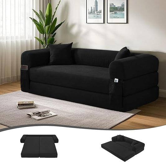 80" Convertible Sofa Bed, 3-in-1 Corduroy Folding Pull Out Couch with Pillows, No Assembly Modern Boneless Couch Compression Sofa in Box, Floor Sofa with Side Storage for Living Room,Black