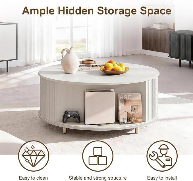 DHH Round Coffee Table, 31.5" Mid Century Modern Coffee Table with 360° Sliding Tambour Door, Fluted Accent Coffee Table with Storage Adjustable Footpads for Living Room (White)