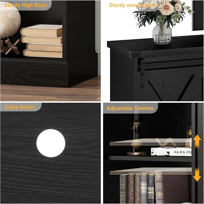 Farmhouse Fireplace TV Stand for 70/75/80 Inch TV, 70 inch Entertainment Center Storage Cabinets with 36”Electric Fireplace and Sliding Barn Doors, Media Console Cabinet for Living Room, Black - Image 4