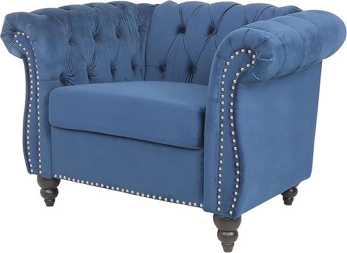 LEVNARY Velvet Chesterfield Chair, Mid-Century Modern Single Sofa Chair with Button Tufted Backrest and Nailhead Decor, Tufted Upholstered Rolled Armchair for Home Bedroom Reading Room (Blue)
