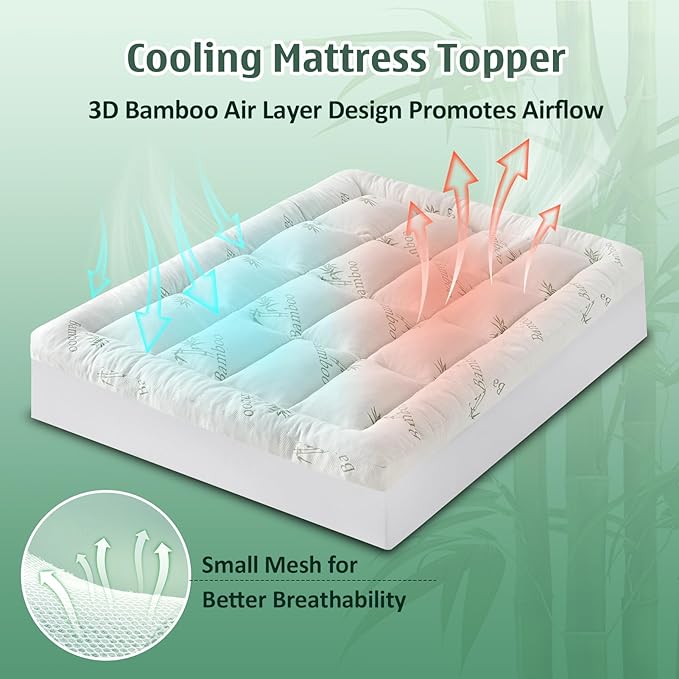 DOWNCOOL 3 Inch Queen Mattress Topper – Cooling Memory Foam Mattress Topper for Back Pain Relief, Breathable Bamboo Viscose Air Layer, 1600 GSM Fill, Deep Pocket Fits 8–21 Inch