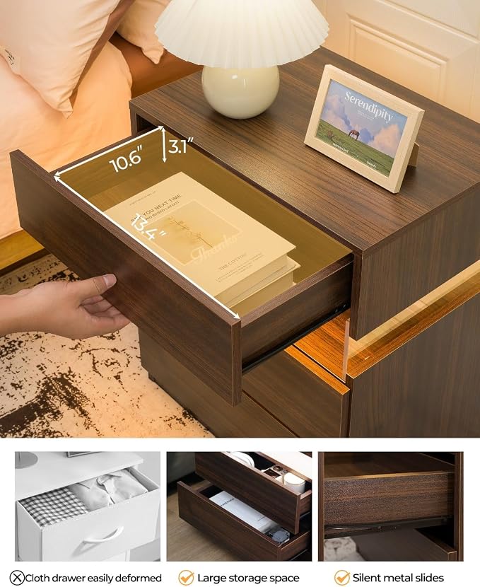 Bingoday LED Nightstand Wood LED Bedside Tables LED Night Stand with 3 Drawers End Side Tables for Bedroom Living Room - Image 6