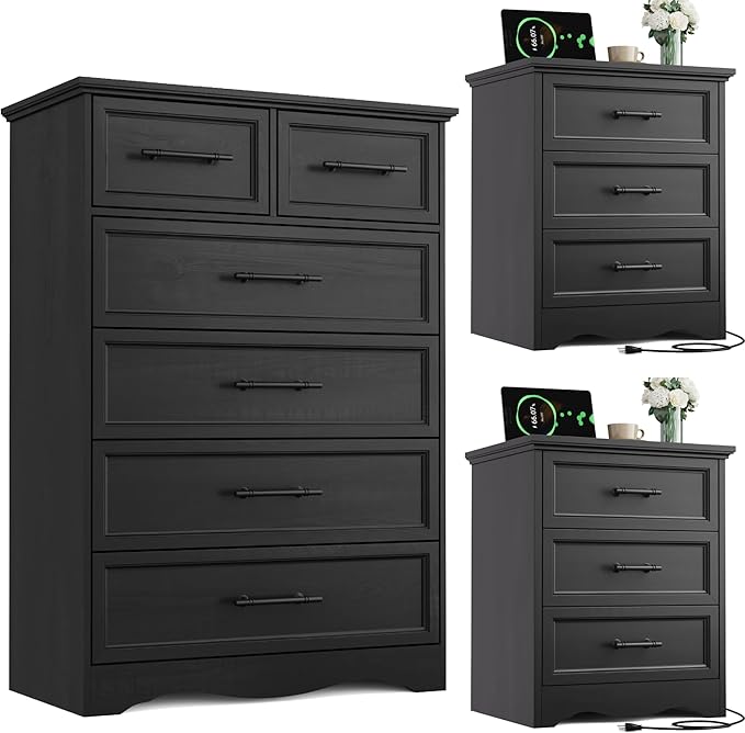 Bedroom Set, 3 Pieces Bedroom Furniture Set, 6 Drawer Dresser and 3 Drawers Nightstand with Charging Station, Farmhouse Storage Organizer Cabinet for Bedroom, Black