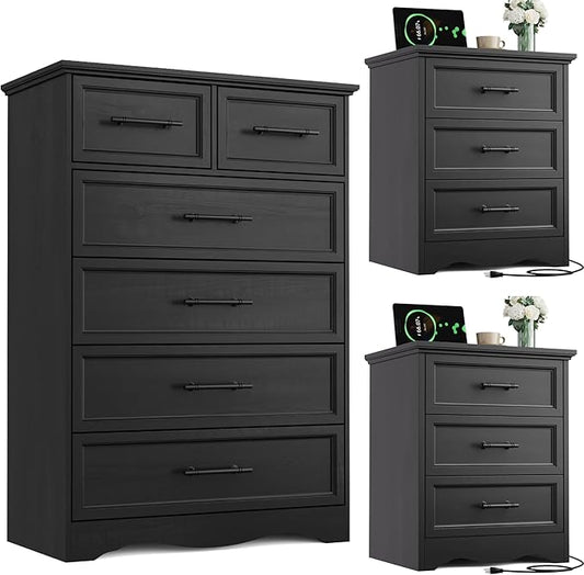 Bedroom Set, 3 Pieces Bedroom Furniture Set, 6 Drawer Dresser and 3 Drawers Nightstand with Charging Station, Farmhouse Storage Organizer Cabinet for Bedroom, Black