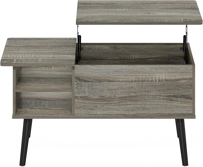 Furinno Jensen Wooden Leg Lift Top Coffee Table with Hidden Compartment and Side Open Storage Shelf for Living Room, French Oak Grey