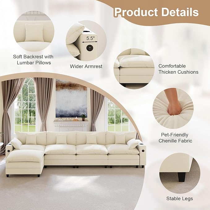 152" Modular Sectional Sofa, L Shaped Cloud Couch with Movable Ottoman, Chenille Deep Seat Cloud Sofa with Charging Station, Cup Holder, Side Pocket, Sectional Couches for Living Room, Beige