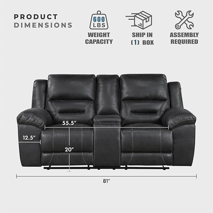 Lexicon Double Recliner Loveseat with Center Console, Wall Hugger Manual Reclining Couch, Textured Microfiber Upholstered Dual Reclining Love Seat, Home Theater Seating, Required Assembly, Black