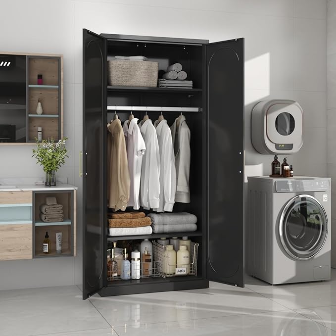 SteeLoong 71" Metal Armoire Wardrobe Closet with Doors,Tall Clothing Storage Cabinet with Adjustable Shelves and Hanging Rod,Black Wardrobe Closet for Bedroom,Home,Office,Gym
