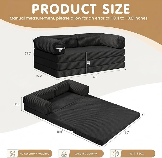 Folding Sofa Bed, Convertible Sleeper Chair with Pilow Foldable Matress, 2 in 1 Pull Out Loveseat Sofa Portable Fold Out Chair Bed Floor Couch Lounge for Living Room (Black, Queen-82"L x 60"W)