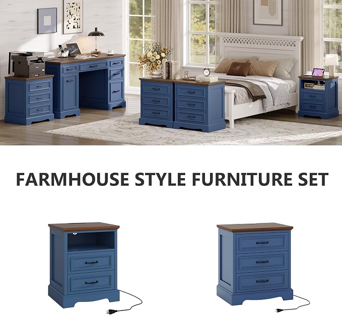 Farmhouse Nightstand Set of 2, Wood Night Stand with 3 Drawers and Charging Station Modern Bedside Table for Bedroom End Side Table Storage Cabinet Small 6 Drawers Dresser (2, Blue) - Image 5