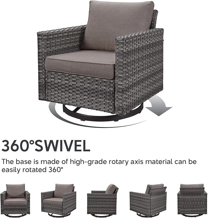 Outdoor Swivel Rocker Chairs - 5 Piece Patio Bistro Set Wicker Patio Rocking Chairs Set with Side Table and Ottomans, 360° Swivel Glider Proch Furniture for Balcony Deck - Grey/Grey