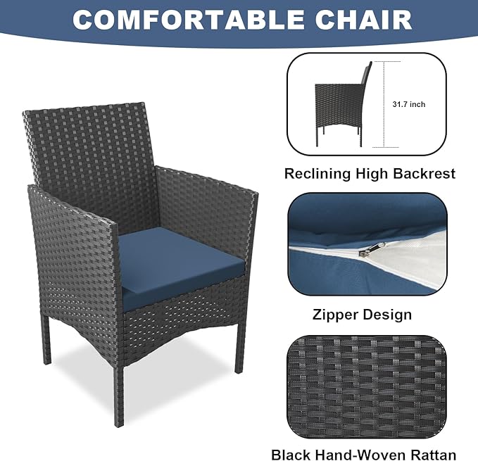 ALAULM 4 Pieces Patio Conversation Set Outdoor Rattan Patio Furniture Set Wicker Chairs with Soft Cushion and Glass Table for Patio, Backyard, Porch, Poolside(Dark Blue)