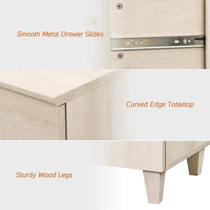 WAMPAT Dresser and Nightstands 3 Pieces, 47.2 Inches Wood Dresser with 6 Drawers, Set of 2 Night Stands with Drawers and Charging Stations, Bedroom Chest of Drawers and Bedside Tables Set, Light Oak