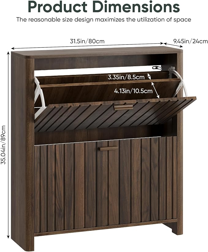 Smart FENDEE Shoe Cabinet with 2 Flip Drawers, 31.5 Inch Narrow Fluted Shoe Organizer with Gradient Wood Strips Door for Entryway Hallway, Living Room Storage Furniture, Walnut - Image 2
