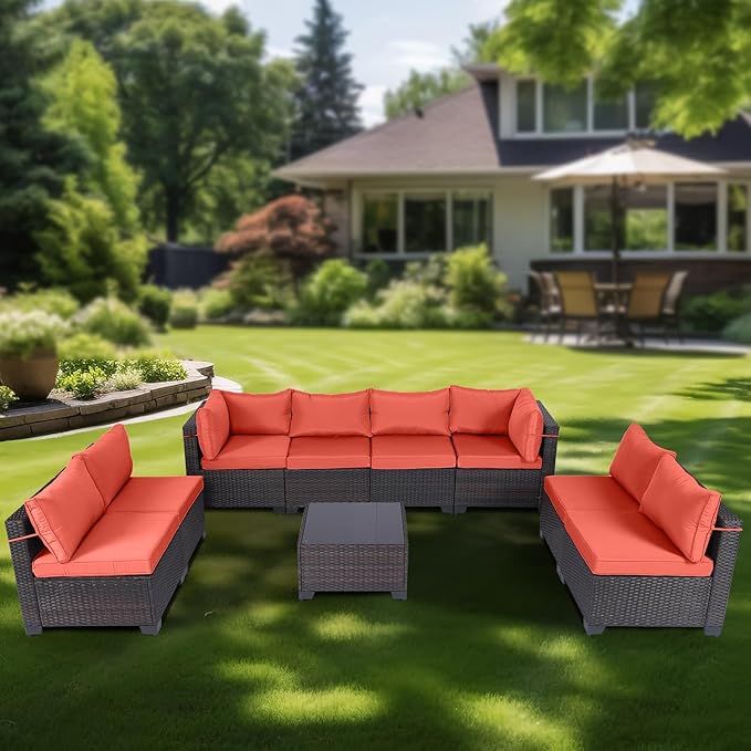 CHABATREE 9 Pieces Outdoor Patio Furniture Sets,Rattan Conversation Sectional Set,Manual Weaving Wicker Patio Sofa with Tea Table
