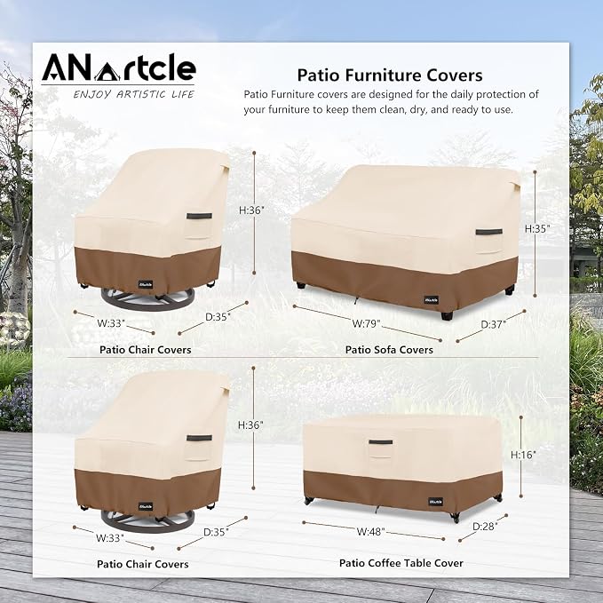 ANartcle Patio Furniture Covers 4 Piece Set, 600D Waterproof Heavy Duty Outdoor Furniture Covers,Fit Wicker Patio Sofa, Swivel Rocker Chair and Coffee Table,Beige&Brown - Image 2