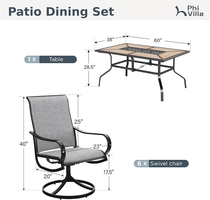 PHI VILLA 7 Piece Patio Dining Set, 6 Swivel Patio Chairs with Textilene Mesh Fabric & Rectangular Wooden-Like Dining Table(1.6" Umbrella Hole), All Weather Patio Chairs and Table Set for Deck (Grey) - Image 9