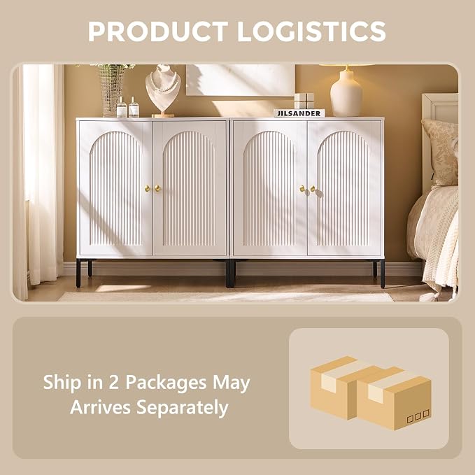 IFGET Modern TV Stands for 75 Inch TVs, 61.75‬"W Wood Entertainment Center w/Adjustable Shelves, Mid Century Modern TV Stand w/Arched Fluted Doors, Media Console Cabinet for Living Room, White - Image 8