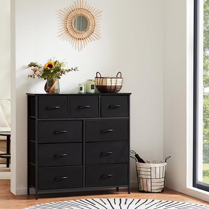 Sweetcrispy Dresser for Bedroom with 9 Storage Drawers, Tall Large Fabric Storage Tower Organizer, Chest of Drawers with Metal Frame Wooden Top for Closet, Living Room, Entryway, Black - Image 2