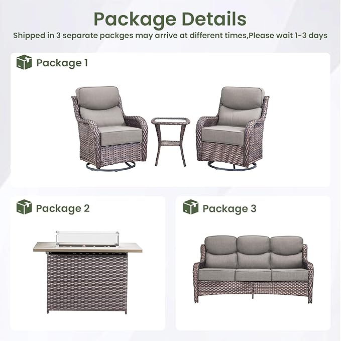 Luxury Patio Furniture Set with 6-inch Thick Cushion, Outdoor Furniture with Fire Pit Table, Swivel Chairs, Side Table, Sofa, 5pcs Wicker Conversation Set for Deck Yard and Poolside(Grey)
