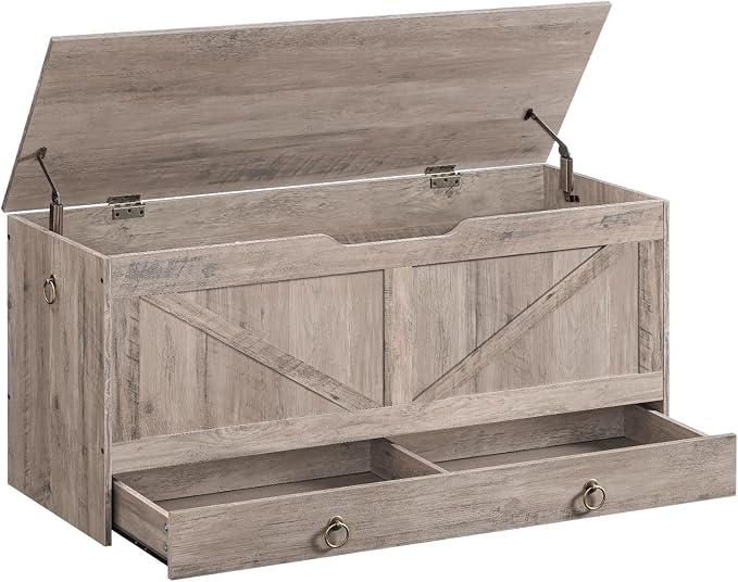 HOOBRO Storage Chest, 43.3" Toy Chest with Drawer, Wooden Storage Bench, Sturdy Entryway Bench Supports 220 lb, Shoe Bench, Safety Hinge, U-Shaped Opening, Easy Assembly, Greige BG711CW01G1 by HOOBRO