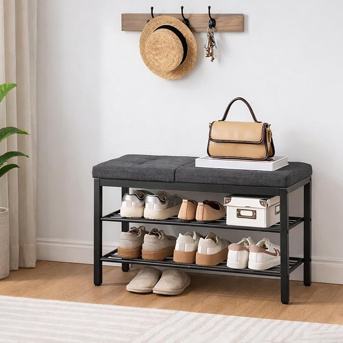 HOOBRO Shoe Bench, Storage Bench with Cushion, Entryway Bench Shoe Shelf with Seat, 12 x 29.5 x 18.1 Inches, Shoe Rack for Living Room, Bedroom, Hallway, Dark Gray BGZ95HX01 - Image 2