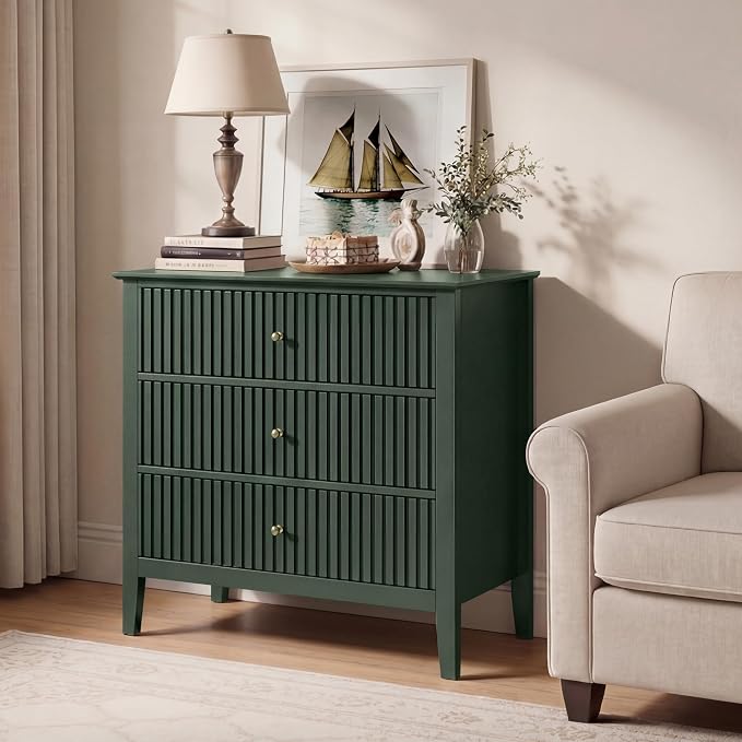 RoyalCraft Fluted 3 Drawer Dresser, 32 inch Wide Dresser Nightstand for Bedroom, Modern Wood Chest of Drawers, Large Painted Nightstand with 3 Drawers for Closet, Hallway, Entryway, Dark Green - Image 6