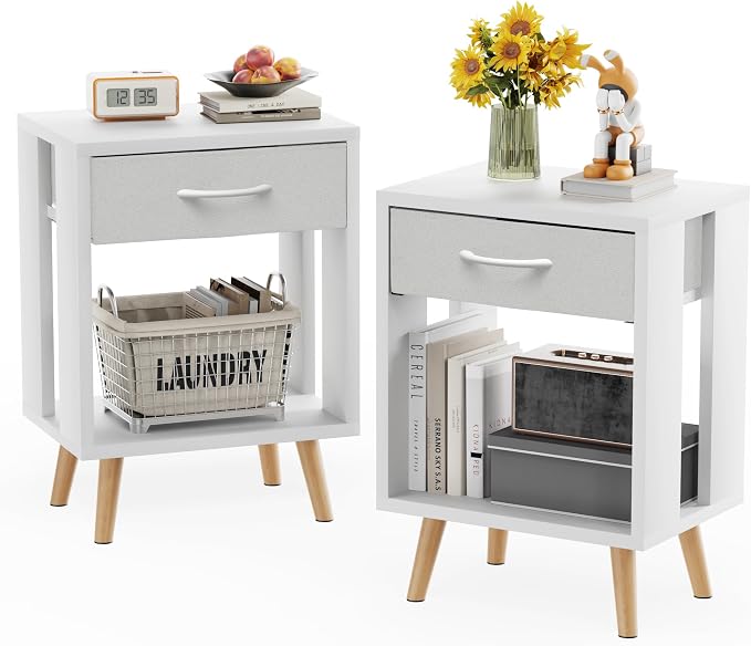 GYIIYUO Nightstands Set of 2 with Fabric Storage Drawer and Open Wood Shelf, Side Table with Storage for Bedroom, Night Stand with Drawer for Bedroom, Bedside Tables - White 24" H by GYIIYUO