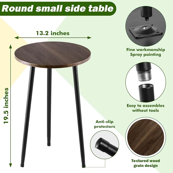 Metal Outdoor Side Tables Set of Two Small Outside Round End Table for Patio Modern Accent Garden Corner Table for Small Spaces, Balcony, Porch, Weather-Resistant Plant Stand Indoor, Woodgrain - Image 3